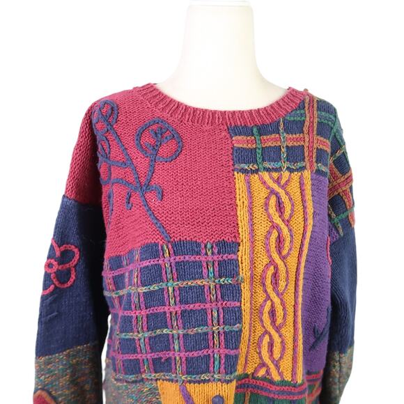 Vintage 90s Casual Elements purple yellow plaid patchwork sweater S - Picture 2 of 6